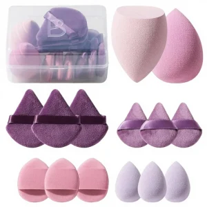 Synthetic Makeup Sponge Set Triangle Puff 14 Pcs Multi-Colored Mini Case (A-Purple)