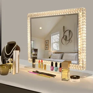 Tabletop Luxury Crystal Diamond Frame Makeup Mirror with LED Lights Sensor Touch Switch 3 Tone Dimming Single Side Silver Finish