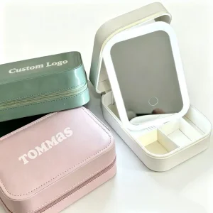 Travel Makeup Bag LED Lighted Mirror Foldable Silver Finish Waterproof Cosmetic Organizer Jewelry Storage Desktop Mirror