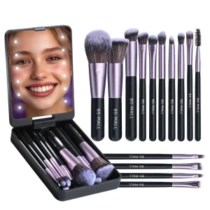 Travel Makeup Brushes Tools Set Private Label Synthetic 14PCS LED Lighted Mirror Case Makeup Brushes Set