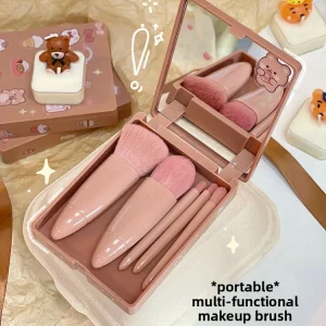 Travel Wear 5 piece Makeup Brush Set with Mirror Face Brush Powder Blusher Eye Shadow Mini Makeup Brush Factory