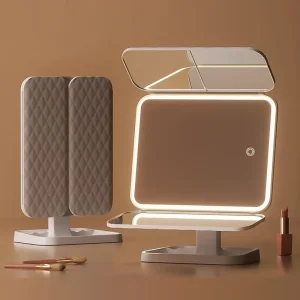 Two In One LED Desktop Makeup Mirror Adjustable Storage Box Shell Shaped Three Sided Vanity Mirror Double Opening for Cosmetics