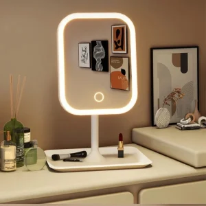 Unique Designer Three Color LED Light Touch Control Desktop Makeup Mirror for Bedroom Dressing