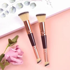 Vegan Synthetic Hair Material Multi-Functional Single Foundation Makeup Brush Double-Ended Angled Blush Contour Powder Wood