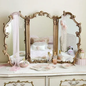 Vintage Ornate Gold Tri fold Makeup Mirror Baroque Desktop 3 Way Vanity Mirror Ornate Foldable Cosmetic Mirror for Bedroom Decor