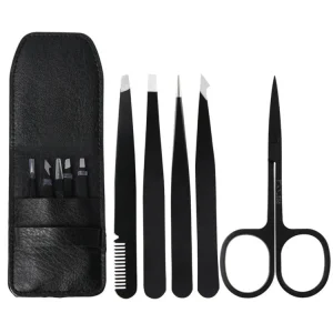 WELLFLYER BYTS 059 5 PCS PU Leather Black Eyebrow Trimmer Tweezers Set With Scissors
