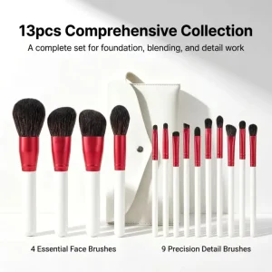 White Red 13pcs Makeup Brush Set Wooden Custom Logo Soft Vegan Synthetic Brush Makeup Set with Portable Brushes Bag