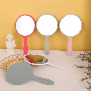 Women’s High Definition Round Plastic Handle Makeup Mirror Portable Compact Beauty Mirror