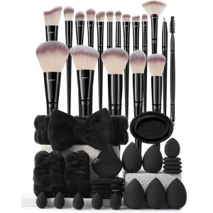 Women’s Professional Makeup Brushes Set with Black Sponge Puff Multi Functional Dual Use Custom Logo Washable Cosmetics Tools