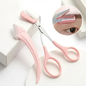 Women’s Stainless Steel Convenient Eyebrow Trimmer Razor with Comb Face Brow Scraper Scissors for Trimming