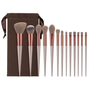 Wooden Handle 13-Piece Travel Makeup Brush Set with Bag Synthetic Hair Flat and Fan Brushes for Face Blending Blush and Eyeliner