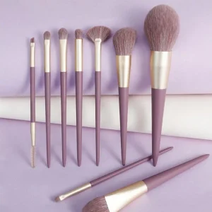 Wooden Handle Synthetic Bristle Makeup Brush Set Blue 10Pcs Bag