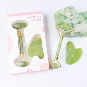 Xiuyan Natural Custom Logo Nephrite Facial Green Limestone Ridged Jade Roller Gua Sha Massager Set with Face Lift Benefits Box