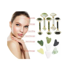 Xiuyu Face Pusher Engraving Stone Crystal Crafts Set Scraping Board Natural Jade Facial Roller Massager Gua Sha