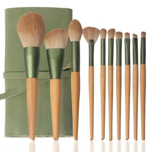 ZH 10pcs Eco Friendly Cruelty Free Wood Handle Cosmetic Synthetic Hair Private Label Vegan Makeup Brush Set With Bag